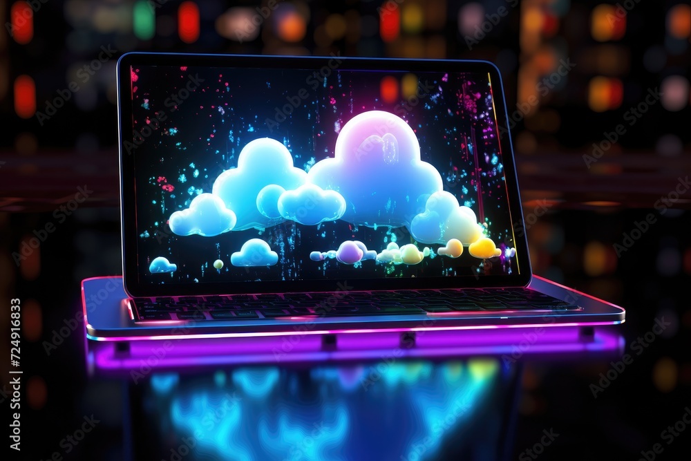 Poster a laptop computer on a table, representing a productive and efficient work environment., neon light 