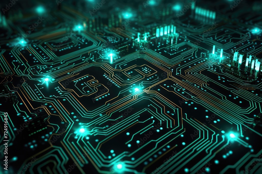 Poster this image showcases a detailed view of a computer circuit board, revealing the intricate network of