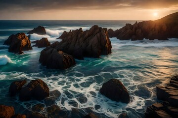 Fantastic big rocks and ocean waves at sundown time. Dramatic