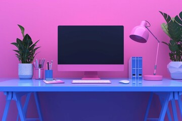 3D Table and computer for work from home and online chatting concept. 3d render illustration