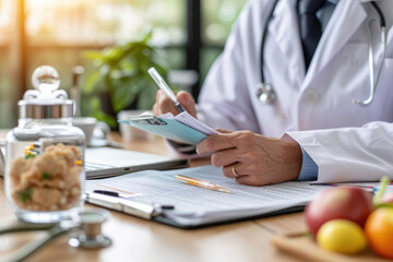 A medical doctor sitting at the desk and writing a prescription.