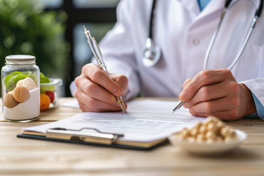 A medical doctor sitting at the desk and writing a prescription.