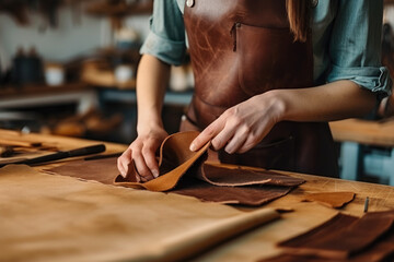 Cropped hands of a female leathercraft artisan working with genuine leather, skillfully processing and crafting cuts of leather.