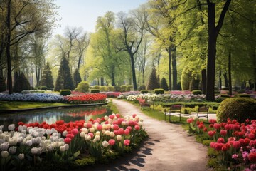 Capture the beauty of nature with this serene painting of a garden filled with colorful flowers and lush trees., Panoramic view to spring flowers in the park, AI Generated