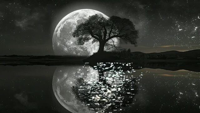 night landscape with super moon, silhouette of trees, water reflection, cartoon or anime illustration style. seamless looping 4K time-lapse virtual video animation background