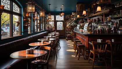 Modern bar with illuminated windows, comfortable seating generated by AI