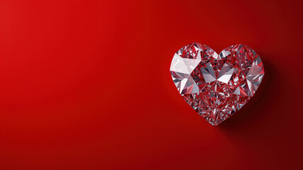 Red heart or love-shaped diamond with happy valentine day concept on red copy space background - obrazy, fototapety, plakaty
