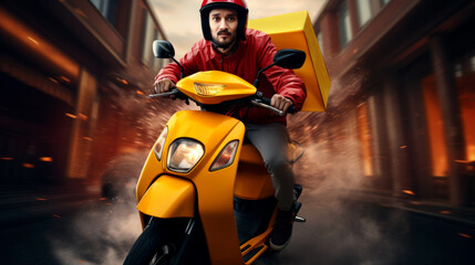 A courier on a yellow motorcycle is driving at high speed. The delivery service. A moped on the...