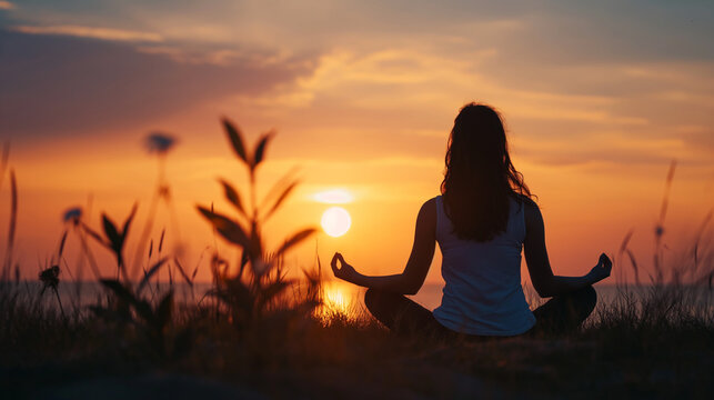 Beautiful meditation woman silhouette in sunset aura, in the nature, sitting on the grass. Yoga practice  relaxation for community with nature and earth.  