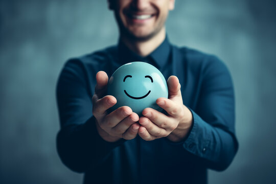 Hands Holding Blue Smiley Face Representing Positivity Satisfaction and Happiness Mental Health Concept