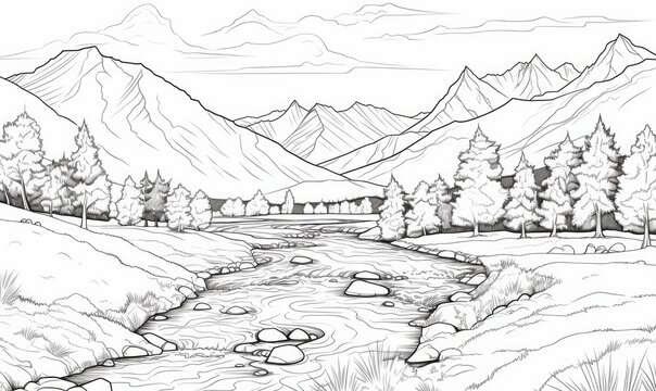 A pencil drawing of a river and mountains