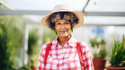 A senior gardener proudly stands by her thriving plants.