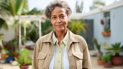 Elderly woman enjoys her garden in a serene pose.
