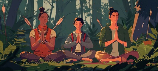 Three individuals engage in a meditative practice in a serene forest, surrounded by lush greenery and a sense of tranquility.