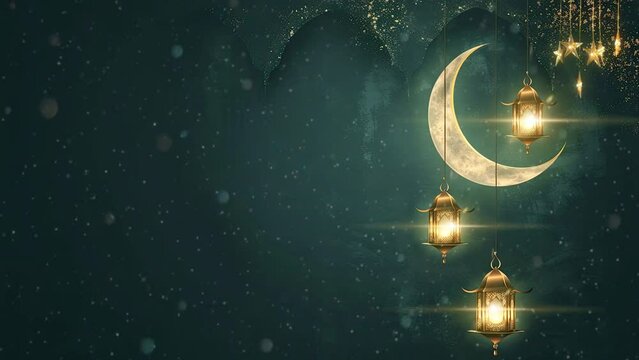 animation of ramadan night with lantern and moon decoration. seamless looping time-lapse virtual 4k video animation background.	