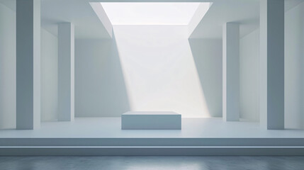 A modern art gallery interior bathed in natural light with a single spotlighted display podium centered in a clean, spacious room.