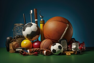 A diverse assortment of sports equipment, including gear for different sports, neatly stacked in a pile, Sports Equipment, AI Generated