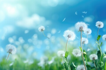 Obraz na płótnie Canvas A mesmerizing photo capturing dandelions floating through the air on a beautiful sunny day, spring background with white dandelions, AI Generated