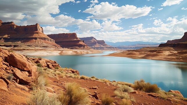 The serene blue waters of Lake Powell contrast with the striking red rock formations under a sky dotted with fluffy white clouds.