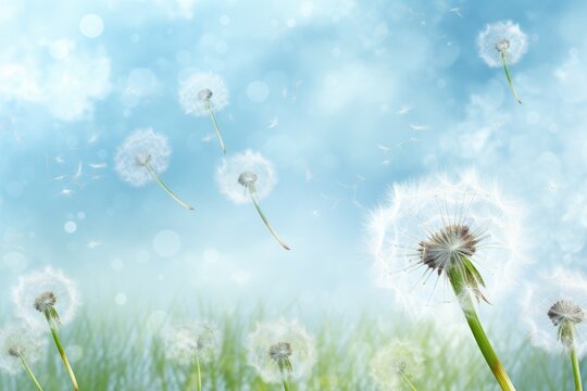 Capturing the exquisite dance of a dandelion as its delicate seeds ride the wind on a bright and sunny day, spring background with white dandelions, AI Generated © Iftikhar alam