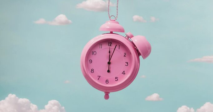 Pink alarm clock closeup with clouds. Pink clock swings like a pendulum from side to side, wake-up time morning on blue background. concept.4k loop Grenerative AI