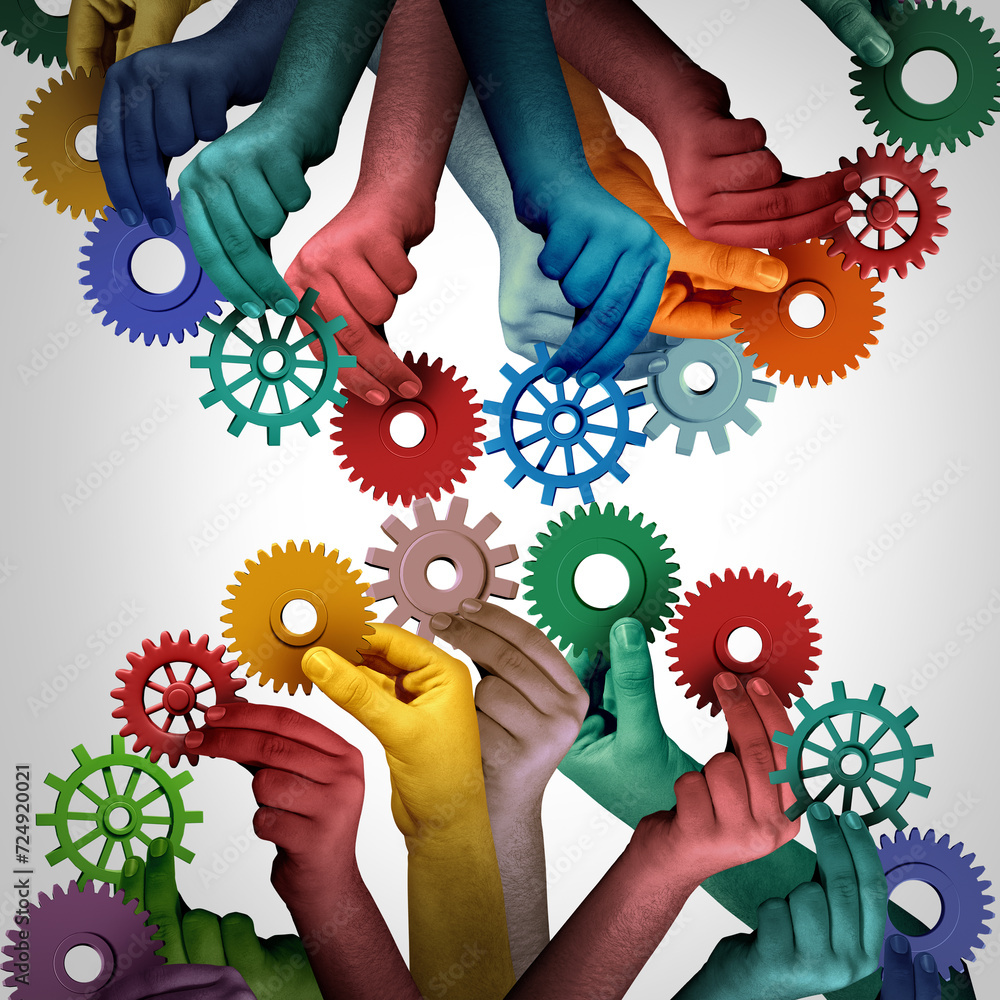 Aufkleber United employees and worker unity as a group of diverse people using gears and cogs to connect as a strong collaborative company working together as connected team