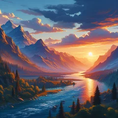 Fototapeten A digital painting of a river or lake and mountains with a sunset or sunrise in the background © Doru
