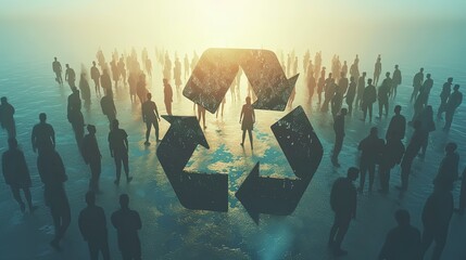 A conceptual image of silhouetted figures gathering around a large recycle symbol, representing community involvement in sustainability efforts. - obrazy, fototapety, plakaty