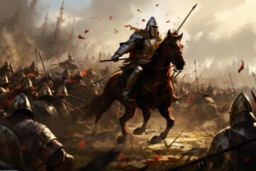 Painting Depicting a Battle With a Gallant Horseman Leading the Charge, The charge of knights in a medieval battle, AI Generated