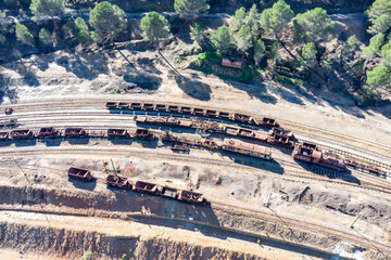 Aerial drone view of an old and rusty remains of the old copper mining exploitation in Minas de...