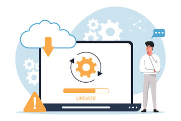 System update vector illustrations. Character programmer update the operating system. System maintenance, software and program updates, technology. Technical error and maintenance.