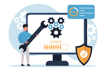 System update vector illustrations. Character programmer update the operating system. System maintenance, software and program updates, technology. Technical error and maintenance.