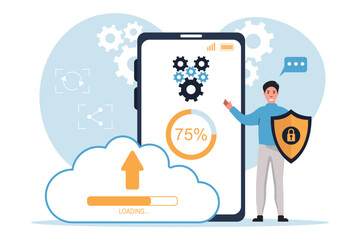 System update vector illustrations. Character programmer update the operating system. System maintenance, software and program updates, technology. Technical error and maintenance.