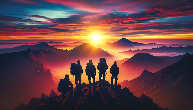 Silhouette images of climbers who have successfully climbed the mountain peak. Describes the concept of struggle and teamwork