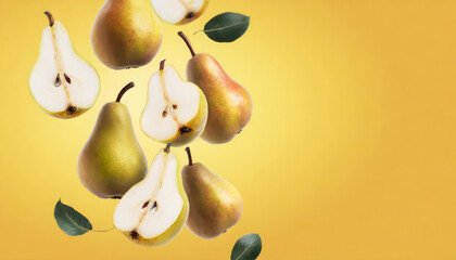 Flying ripe pears on yellow background with copy space