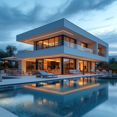 Modern luxury mediterranean home with swimming pool - obrazy, fototapety, plakaty
