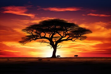 A stunning tree stands tall in the middle of a vast field, surrounded by the warm hues of a breathtaking sunset, The silhouette of a lone tree on an African savanna, AI Generated
