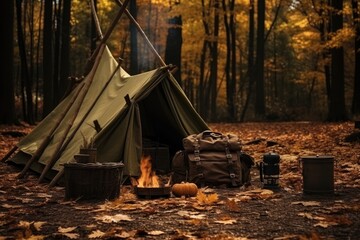 A tent is set up in the peaceful woods, providing a cozy shelter amidst the serenity of nature, Tourist's survival kit and camping tent in autumn forest, AI Generated