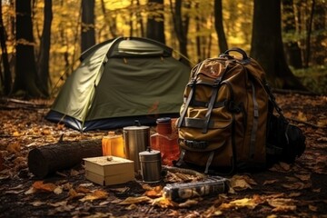 A backpack placed on the ground next to a tent in a serene woodland setting, ready for outdoor excursions, Tourist's survival kit and camping tent in autumn forest, AI Generated