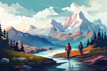 A beautiful painting capturing two individuals strolling along a scenic mountain trail, Trekking...