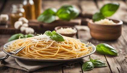 Delicious Italian spaghetti pasta with fresh basil leaves and grated parmesan cheese in the white plate - Powered by Adobe