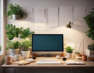 Digital generated image of comfortable workplace with potted plants, books, pegboard, paper sticky note, table lamp and computer