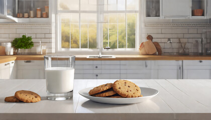 Plate with cookies and glass of milk on table in modern kitchen - obrazy, fototapety, plakaty
