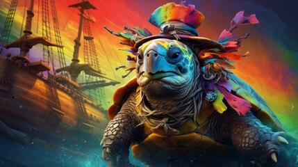A turtle as pirate in rainbow colors