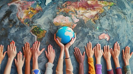 An array of multicultural hands reaching towards a small globe centered on a large world map, symbolizing unity, global diversity, and cooperation. - obrazy, fototapety, plakaty