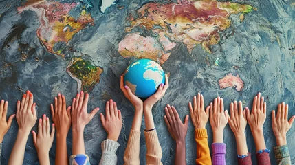 Fotobehang An array of multicultural hands reaching towards a small globe centered on a large world map, symbolizing unity, global diversity, and cooperation. © Sodapeaw