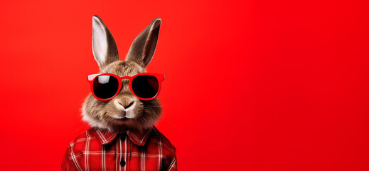 Happy Easter. Cute Easter bunny with red sunglasses and suit on the red background. Template for label, gift greeting card, promotional banner or ticket price