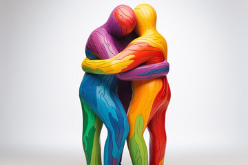 Two diverse figures in lively hues embracing diversity, unified together in equality. Representation of individuals connected with harmony and inclusion. Solidarity, emotional and physical backing.