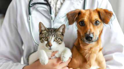The vet holds a cute dog and a kitten in his arms. A veterinarian examines a dog and a cat. Veterinary clinic. Pet inspection and vaccination. Healthcare.