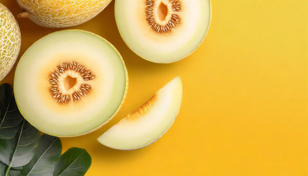 Top view slices of sweet melon on yellow background with copy space